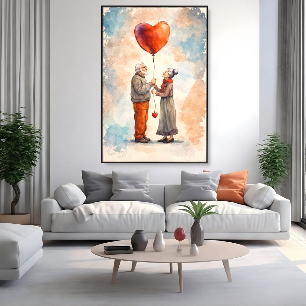 Tablou canvas cu tablou canvas cuplu in varsta si inima, in rama de aluminiu negru, pe perete intr-un living